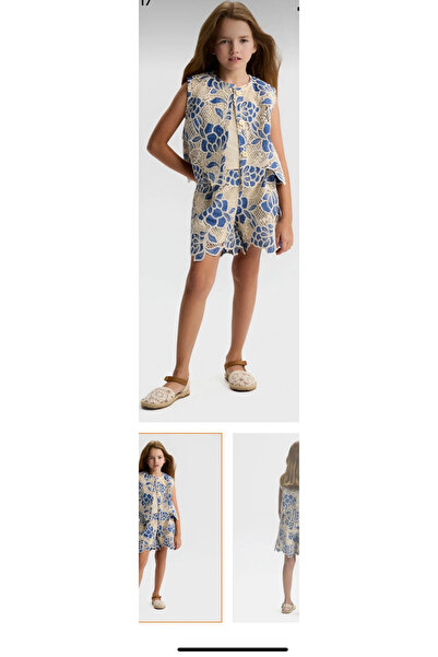 NK Kız Çocuk Mavi Çiçek Nakışlı Brode Yelek ve Şort Takım