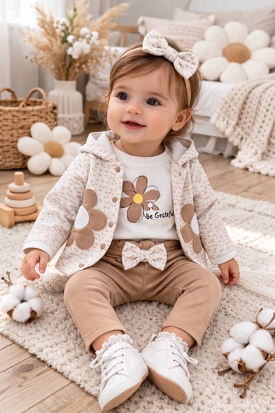 Superbaby Σετ 3 τεμαχίων για κορίτσια, κρεμ καφέ, μπουφάν με κουκούλα , μπλού...