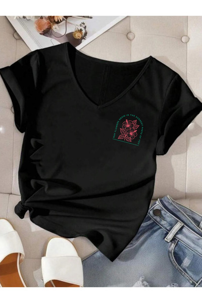 SUNFREE Hibiscus Printed V-Neck Short Sleeved Women's Combed Cotton T-Shirt