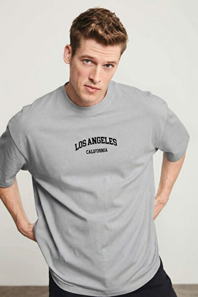 COMBİNE MİCHAİL تي شيرت رجالي باللون الرمادي من لوس أنجلوس مطبوع عليه مطبوع