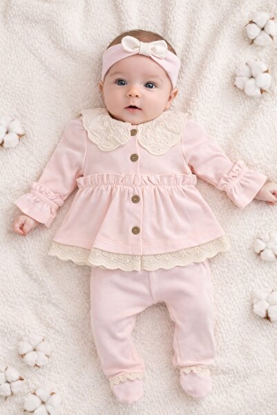 Pure Boutique Set bebe fete roz pastel 3 piese elegant dantela bluza pantalon...