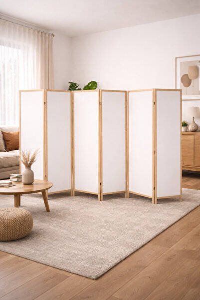 KARAS AHŞAP 6 Kanatlı 45 ×175 cm Katlanabilir Modern Beyaz Desenli Ahşap Sepe...