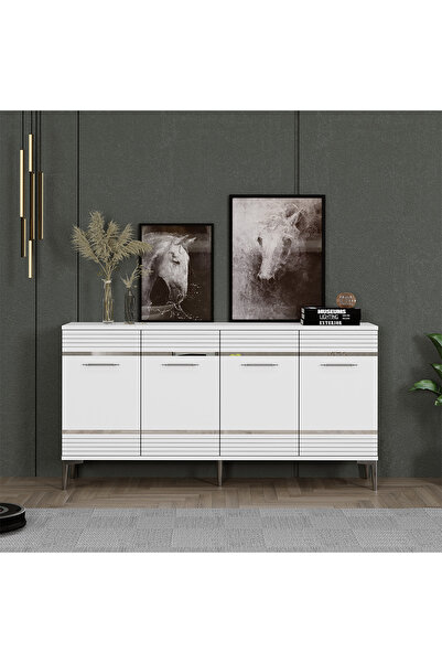 Kalender Dekor Maya Kapaklı Konsol Çok Amaçlı Dolap Beyaz Gümüş