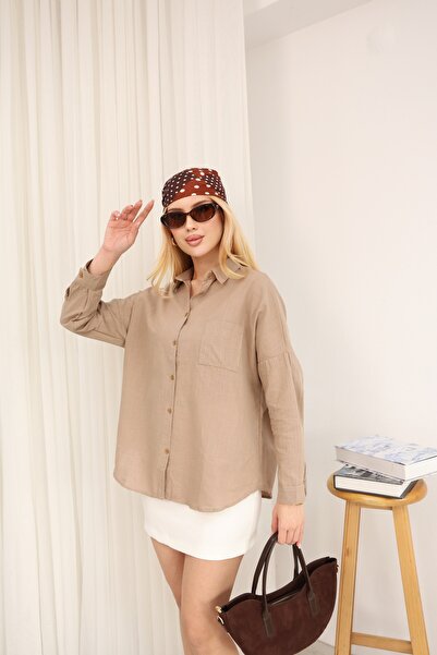 GRODYT Women's Linen Oversized Shirt, Long and Comfortable Cut, Pocketed Butt...