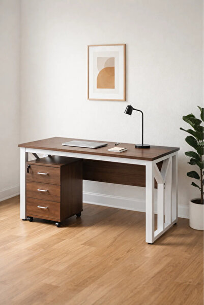 MARIA HOMES مكتب عصري بلون بني فاتح مع إطار معدني أبيض ووحدة تخزين بثلاثة أدراج