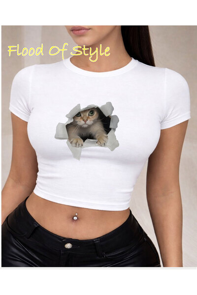 Flood Of Style Λευκό Babby Tee γάτα Ειδικό σχέδιο