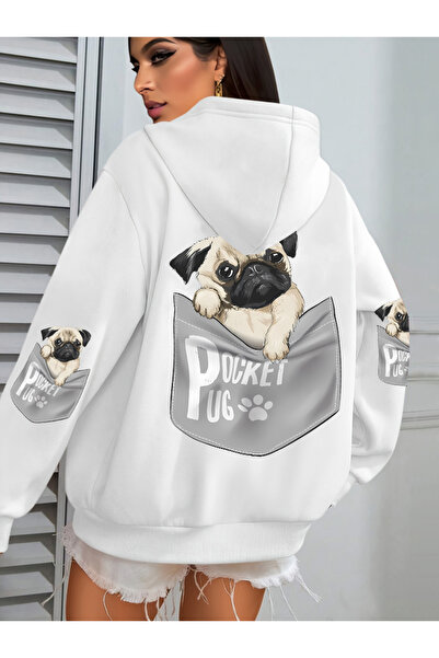 Tarzsokak قميص Cep Pug بغطاء رأس للسيدات برسومات كرتونية على شكل كلب مطبوع مق...