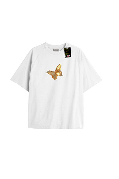 Flood Of Style Λευκό μπλουζάκι oversized με κίτρινη πεταλούδα Ειδικό σχέδιο