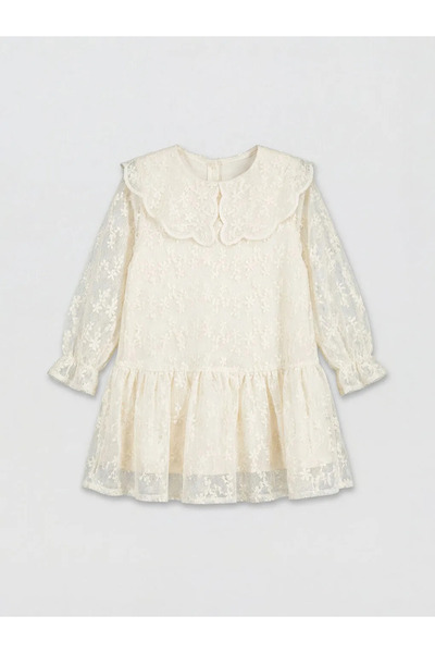LC Waikiki LCW Kids Ecru στρογγυλός γιακάς Floral Κοριτσίστικο Φόρεμα Δαντέλα