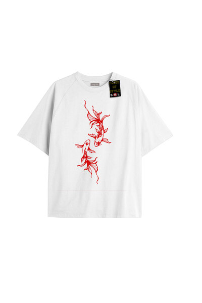 Flood Of Style تي شيرت أبيض كبير الحجم بتصميم خاص على شكل سمكة