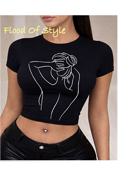 Flood Of Style Μαύρο γυναικείο μπλουζάκι Babby Tee με σχέδιο Προσαρμοσμένο σχ...