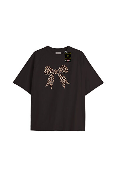 Flood Of Style Negru supradimensionat tricou panglică leopard Design special