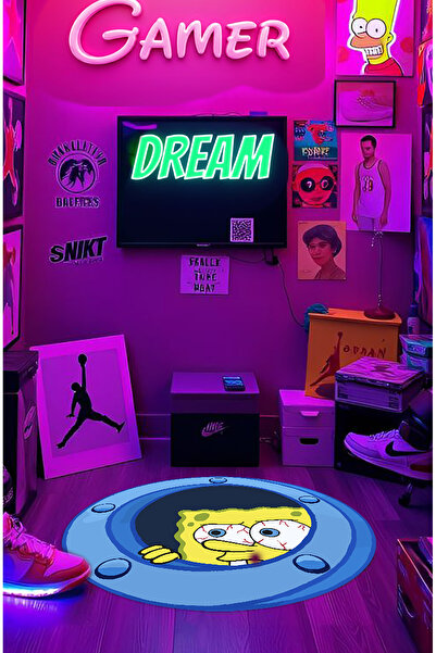 Artızon Dekoratif Kaymaz Taban Makinede Yıkanabilir Sünger Bob Gamer Halı