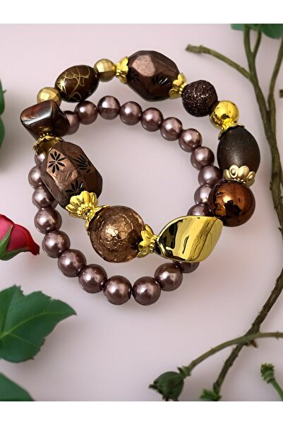 COCOSH TAKI Brown Large Beaded Gold Detailed Multiple Double Combination Stre...