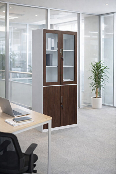 MARIA HOMES Modern Steel Office Wardrobe Cabinet Glass Doors Brown & White 18...