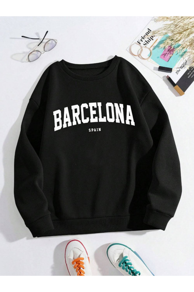 Tarzsokak بلوفر نسائي مطبوع عليه حروف برشلونة إسبانيا صوف الفليس سترة غير رسم...