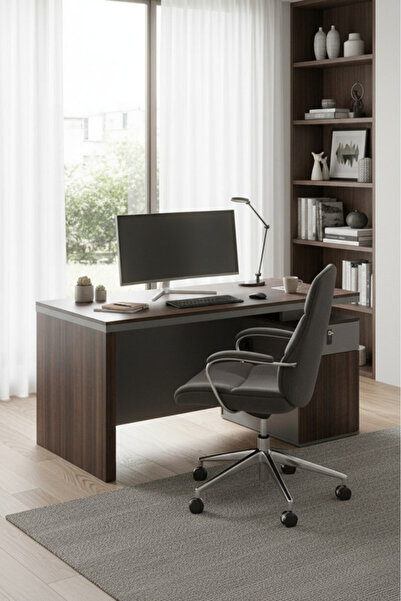 MARIA HOMES مكتب تنفيذي عصري باللون البني الداكن مزود بمساحة تخزين ونظام إدار...