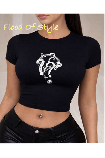 Flood Of Style Μαύρο μπλουζάκι Babby με ειδικό σχέδιο ερωτηματικού σημείου