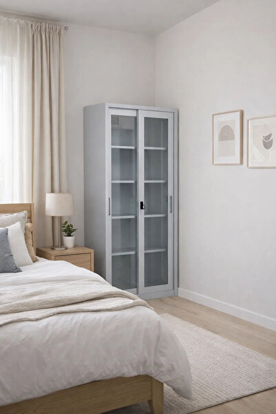 MARIA HOMES خزانة ملابس مكتبية معدنية رمادية اللون بأبواب زجاجية منزلقة، قابل...