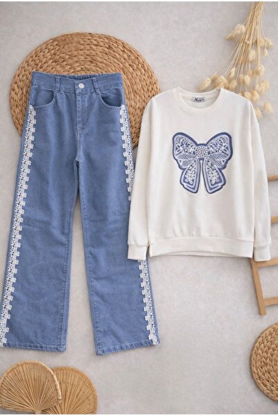 KOKOŞ BEBEK Set de blugi cu dantelă dungi și broderie fluture - Vârsta 10/13 ...