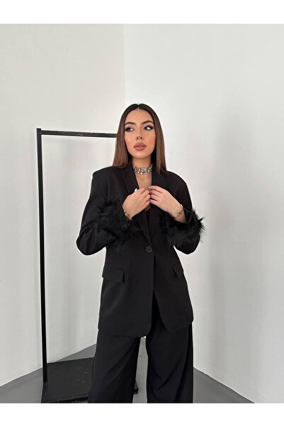 Ekim Store Feather Sleeves Single Button Jacket Trousers Double Blazer Suit