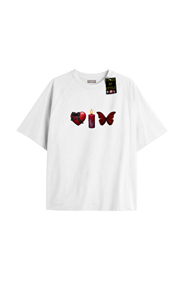 Flood Of Style Λευκό μπλουζάκι oversized με σχέδιο καρδιάς πεταλούδας Ειδικό ...