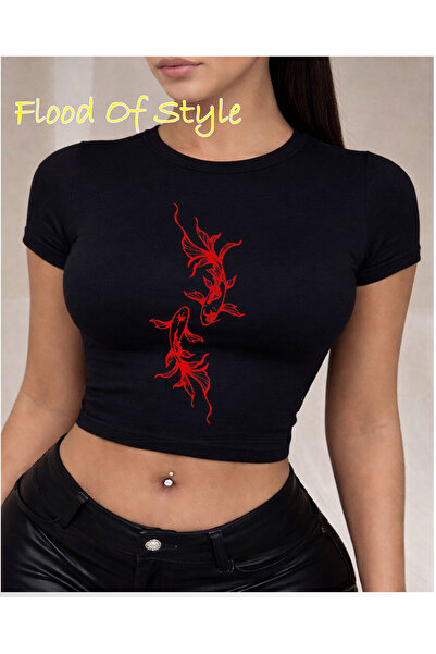 Flood Of Style تي شيرت أسود بتصميم أسماك مميز