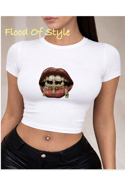 Flood Of Style Λευκό Babby Tee με σχέδιο χειλιών και δοντιών με με τύπωμα πέτ...