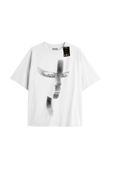 Flood Of Style Λευκό μπλουζάκι oversized με σχέδιο μισού προσώπου Προσαρμοσμέ...