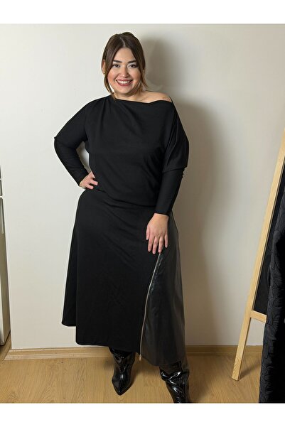 Store Büyükbeden Deri Detaylı Fermuar Detaylı Etek Omzu Düşük Takım