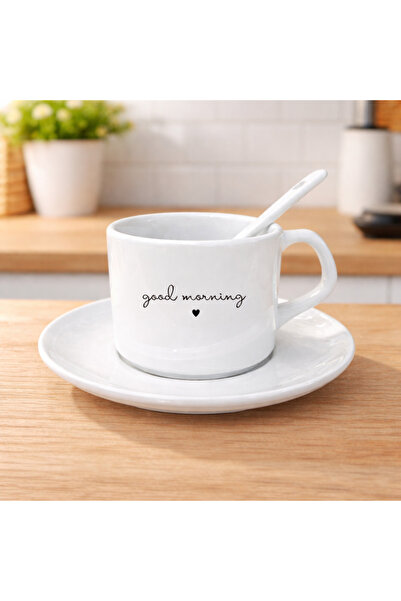 MyWorldorganization Good morning ve kalp yazılı kaşıklı kahve fincanı