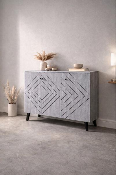 MARIA HOMES Elegant Grey Shoe Cabinet Geometric Pattern 3-Door Hallway Storag...