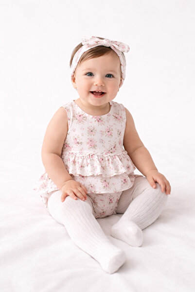 Necix's Kız Bebek Çiçek Desenli Yazlık Tulum Bandanalı Romper