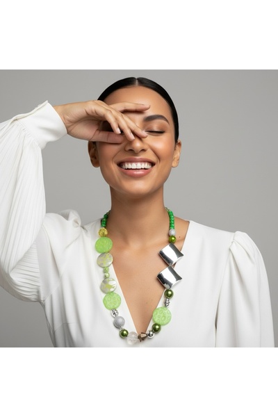 COCOSH TAKI Green Beaded silver color detailed special design multiple necklace