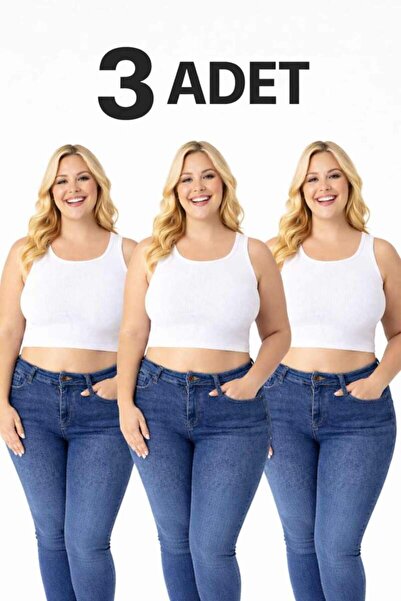 angelino butik Büyük Beden Çok Esnek Beyaz Kadın Fitilli Crop Kaşkorse Atlet ...