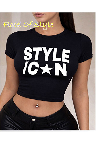 Flood Of Style Μαύρο μπλουζάκι σε στυλ Babby Tee, ιδιαίτερο σχέδιο