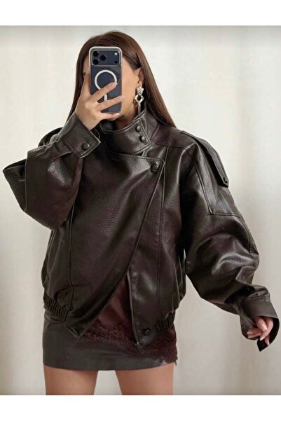 Ekim Store Mock Neck Double-Breasted Oversized Leather Jacket