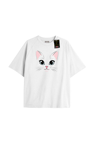 Flood Of Style Λευκό μπλουζάκι oversized με γάτα Ειδικό σχέδιο