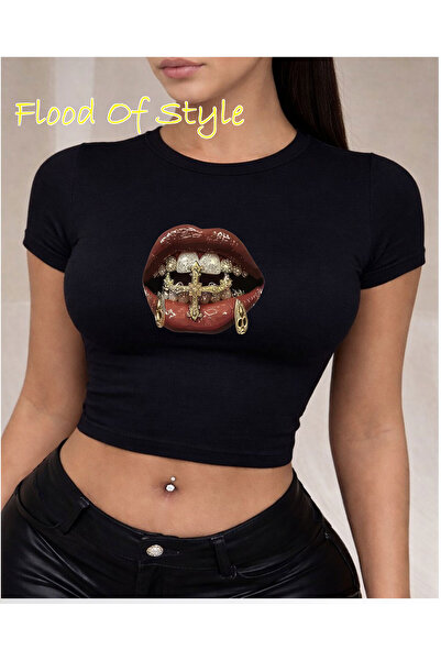 Flood Of Style Μαύρο Babby Tee με σχέδιο χειλιών και δοντιών με με τύπωμα πέτ...