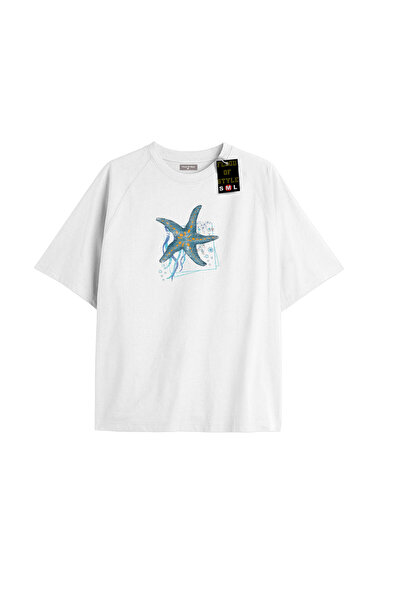 Flood Of Style Λευκό μπλουζάκι oversized με μπλε αστέρια Προσαρμοσμένο σχέδιο