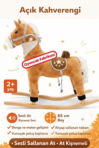 Oyuncak Fabrikası Sallanan At Peluş Sesli Müzikli Açık Kahverengi Fular’lı 65 cm