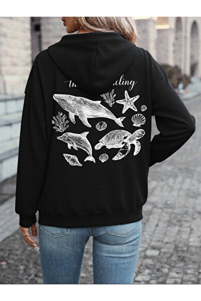 NOISSEY تيشيرتات Sea Calling Whale مطبوع بغطاء رأس للسيدات شتوية صوف الفليس ت...