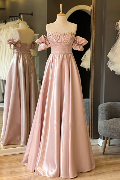 Lenta Moda Pudra Göğüs Drape Detaylı Maxi Boy Lizbon Saten Abiye Ve Gece Elbi...