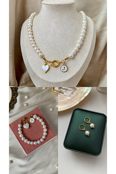 JOVİ ATELİER 50cm Set - Sertifikalı Doğal İnci Kolye Bileklik Küpe Set Gemici...