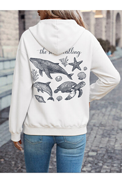 NOISSEY تيشيرتات Sea Calling Whale مطبوع بغطاء رأس للسيدات شتوية صوف الفليس ت...