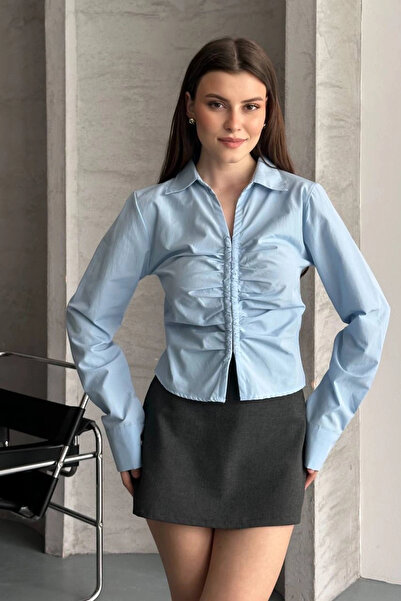 Lusin Ženska plava košulja sa dugim rukavima i uskim strukom Naborano