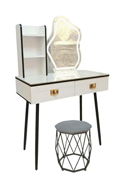 AZOZ MERCHLY طاولة تزيين بيضاء للأطفال مع مرايا مضيئة + كرسي 80×133 سم