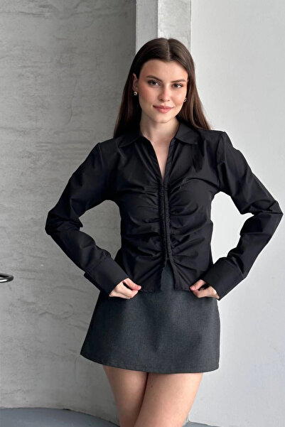 Lusin قميص نسائي أسود أنيق بأكمام طويلة وخصر مطاطي من الأمام