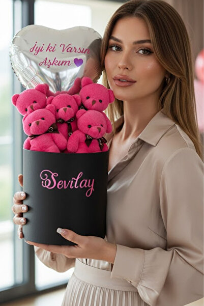 Solemia Kişiye Özel İsim Yazılı Lüks Kutuda Balonlu Peluş Fuşya 5'li Ayıcık B...