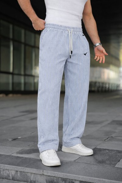 comstar Men's Trend Elastic Striped Loose Blue Sweatpants